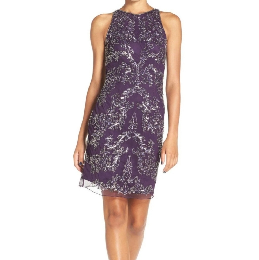 Adrianna Papell Womens Purple Zippered Embellished Chiffon Sleeveless dress